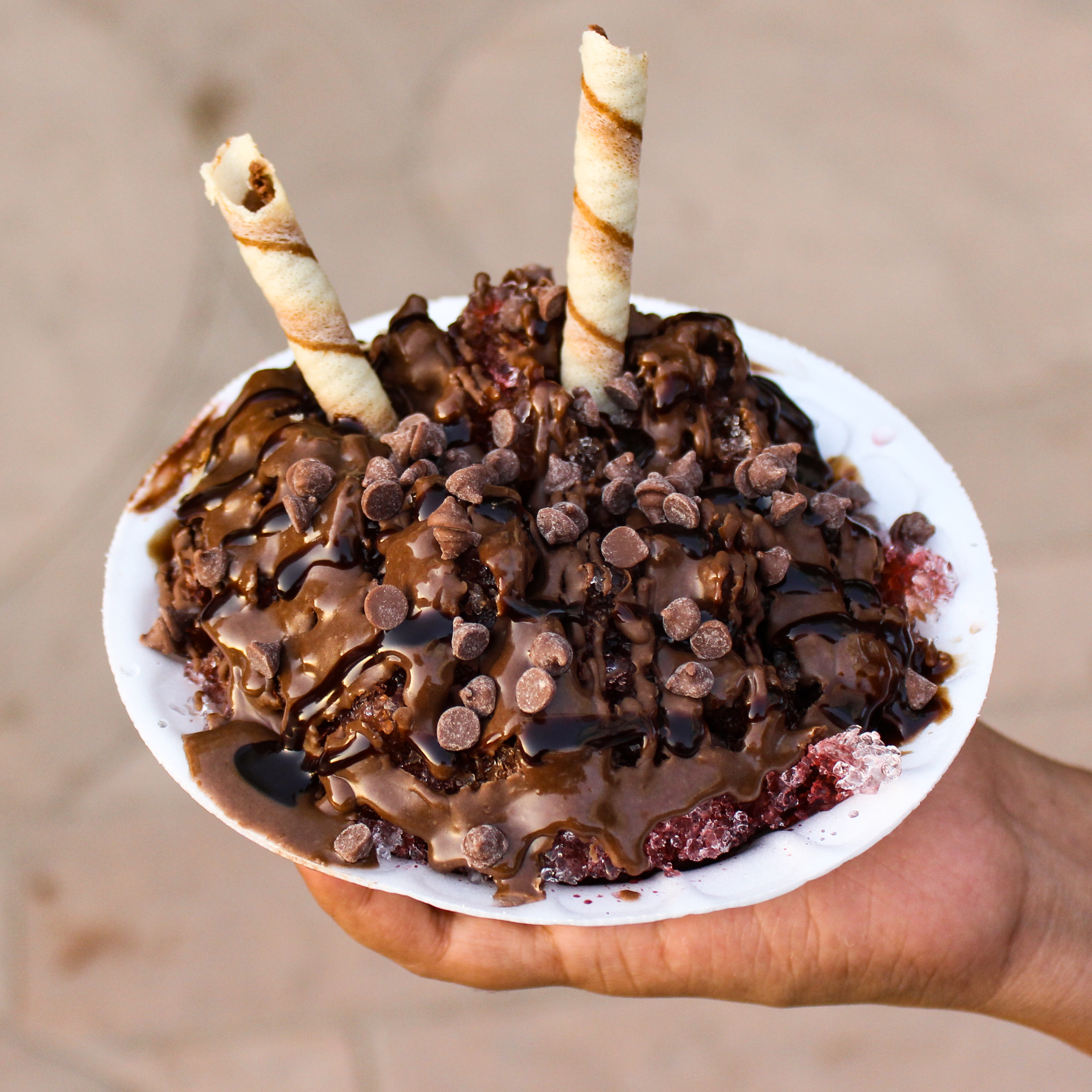 chocobar| waffer sticks| chocolate syrup| chocolate chips| ice dish| ice gola